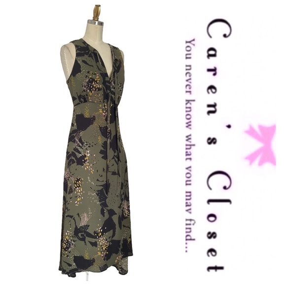 Bar III Olive Green Organic Print Sleeveless High Low Midi Dress - Picture 4 of 11